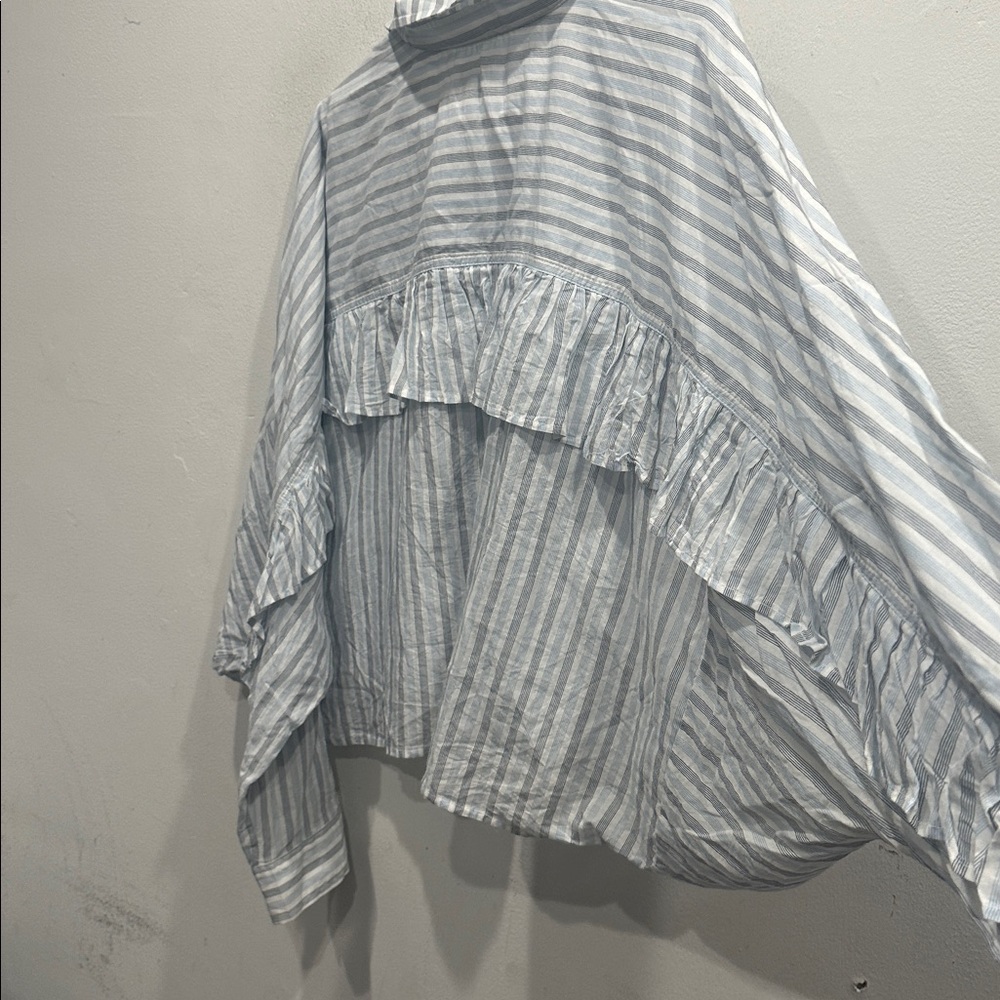 Anthropologie Pilcro batwing cropped stripe Button down blue white  XL ruffle - Picture 10 of 12